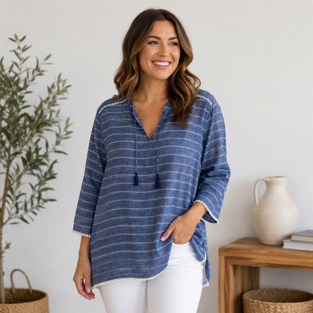 Fresh Produce Tasseled Long Sleeve Lightweight Striped Tunic Top M/L Resortwear